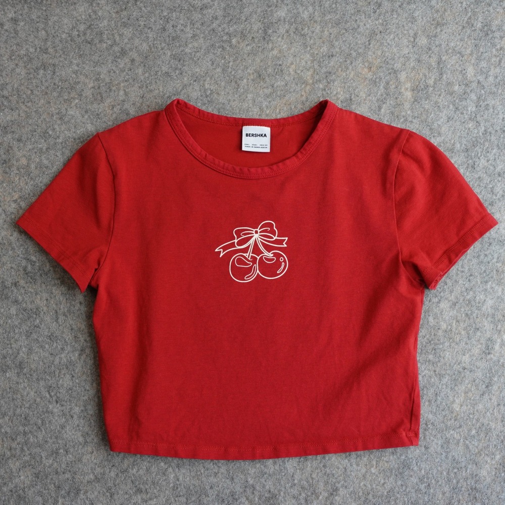Bershka Cherry Graphic Baby Tee Womens L Red Crop Top Coquette Girly Y2K 90s